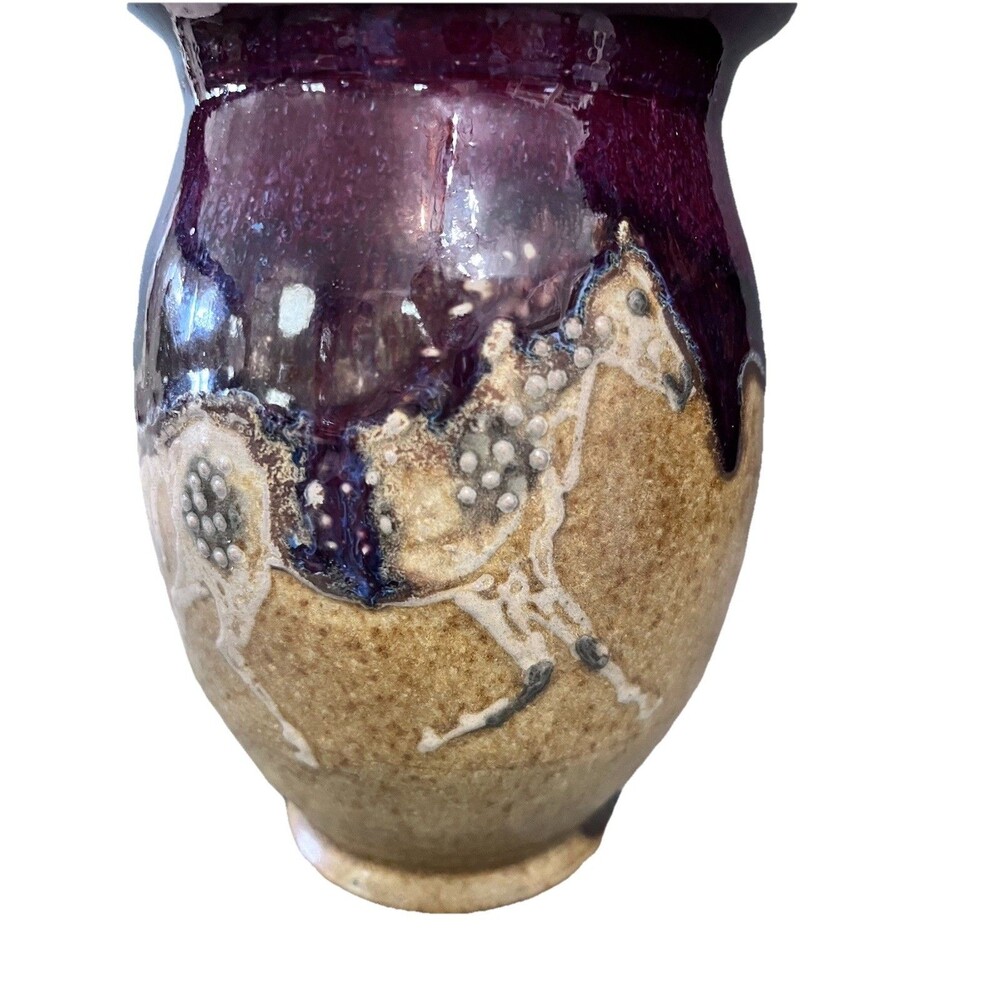 Pottery Vase Horse South Western Textured Glaze Glossy Matte 6.25" Burgundy - Picture 2 of 11